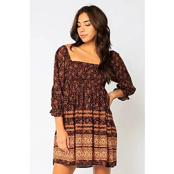 NEW! BLACK RUST SQUARE NECK PUFF SLEEVES PRINTED SMOCKED FULLY LINED DRESS! - Picture 3 of 6